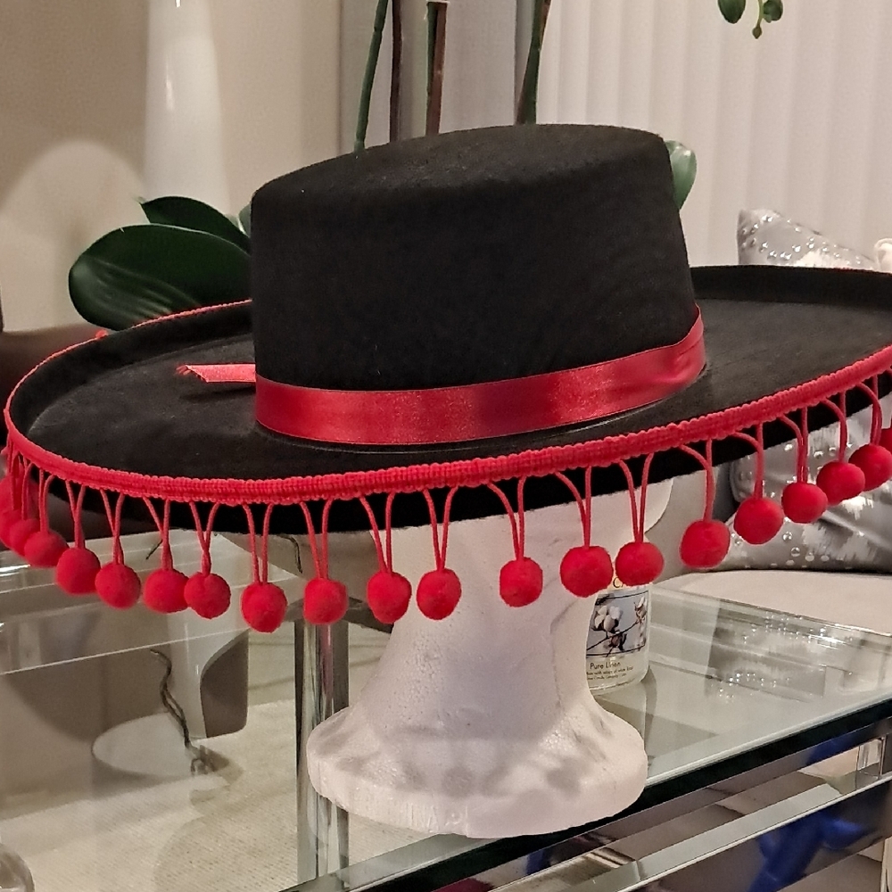Spanish Style Black and Red Pom-Pom Women's Hat - Picture 6 of 11